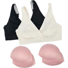 Bravado Designs 2-Pack Ballet Sleep Nursing Bra in Black & Antique White (Small) & Reusable Leak Resistant Nursing Pads Bundle