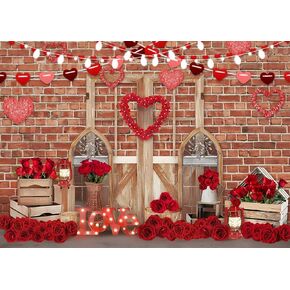 LYWYGG 7x5ft Happy Valentine's Photography Backdrops Brick Wall Wood Door and Red Rose Flower Love Heart Lights Background Wedding Baby Shower Party Decorations Backdrop cp-468