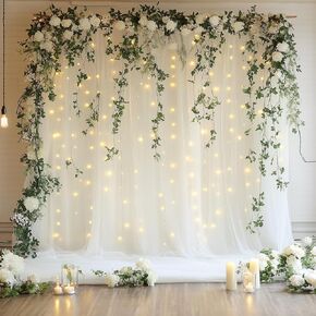 Tulle Backdrop Curtain with Lights String 10FT X 10FT Champagne Sheer Tulle Backdrop Curtains for Wedding Birthday Party Reception Photo Booth Background Decorations (2 Panels 5x10FT)
