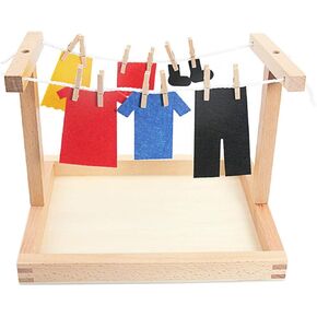 Montessori Wooden DIY Mini Simulation Clothes Drying Frame Clothes Suit Toys for Baby Children Basic Life Practice Training Toys