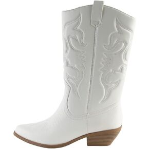 Soda RENO ~ Women Western Cowboy Stitched Pointe Toe Low Heel Ankle Mid Shaft Fashion Boots White/Beige Pu 7