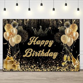Glitter Gold Black Happy Birthday Backdrop, Deluxe Golden Black Birthday Background for Men Women, Thickened Party Wall Backdrops Decorations Supplies Banner Photo Booth Props, 72 x 48 in