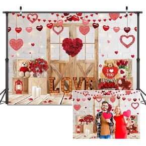 Dudaacvt 7x5ft Happy Valentine's Day Photography Backdrops Brick Wall Wood Door and Red Rose Flower Love Heart Background Valentines Decorations Backdrop Valentines Party Decorations