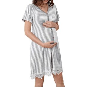 Women's Maternity Nightgown Sleep Shirt Striped Button Down Short Sleeve Casual Nightdress