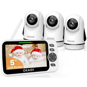 Video Baby Monitor with 3 Cameras, 5" Display Baby Monitor No WiFi, 30H Battery and 1000ft Range, Remote Pan-Tilt-Zoom Baby Camera, 2-Way Talk, 8 Lullabies, Baby Monitor for Baby/Pet/Elderly