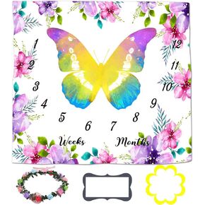 Baby Monthly Milestone Blanket for 1 to 12 Months Baby, Flower and Butterfly Blanket for Baby Pictures Personalized, Includes Wreath and Frame 47"x47" BTZYLY36