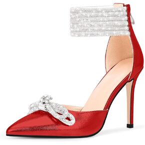 100FIXEO Women's Sexy Rhinestone Bow High Heeled Pumps Pointed Toe Ankle Strap Stiletto Heel Wedding Dress Shoes