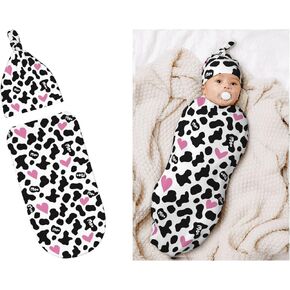 Cow Print Pink Heart Baby Stuff Newborn Swaddle and Hat Set Stretchy Soft Funny Baby Receiving Blanket Gifts for Infant Baby Boy Girl