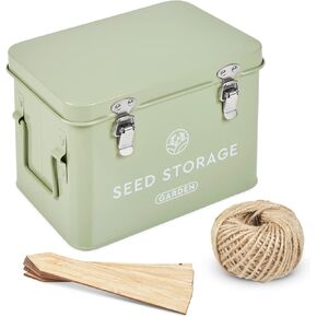 Seed Storage Box – Metal Seed Packet Organizer with Garden String and Bamboo Plant Labels. Seed Container Storage Delivering Complete Seed Saving Organization for Every Garden Lover.