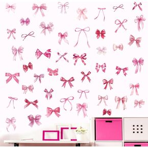 12 Sheet Pink Bow Wall Stickers, 11.81x7.87in Trendy Bow Wall Decals Coquette Wallpaper Bow Wall Decor Watercolor Room Mural Stickers for Girls Kindergarten Nursery Bedroom (A Style)