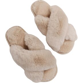 OYOANGLE Women's Cross Band Fuzzy Slippers Furry Open Toe Slip on House Shoes Soft Comfy Slide Slippers