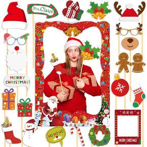 Christmas Photo Booth Props Frame Xmas Theme Selfie DIY Winter Season Photography Funny Photoshoot Pose Sign Kits for Christmas Holiday Parties Family Party Decor(20Pcs Props, 1Pcs Frame)