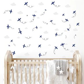 6 Sheets Cute Blue Airplane Wall Stickers, sacinora Small Plane Clouds Turboprops Wall Decals Removable Vinyl Peel and Stick for Kids Baby Nursery Bedroom Playroom Classroom Art Home Decorations