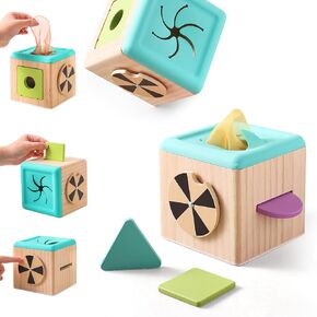 Youuys Wooden Baby Tissue Box Toy - Montessori Tissue Box Toy for Babies 12 Months with 3 Shape Blocks & 8 Silk Paper, Baby Boy Girl Gifts for Babies 12 18 Months Old Birthday Children Day