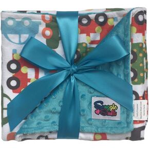 Boys Reversible Minky Dot Stroller Blanket Turquoise Cars & Trucks