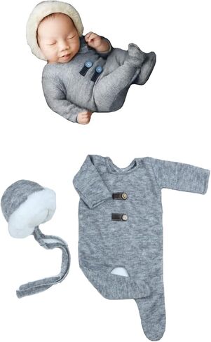 Newborn Photography Outfits Crochet Romper Hat Baby Photo Outfit Knit Costume Props Boy Girl (Gray) in Saudi Arabia