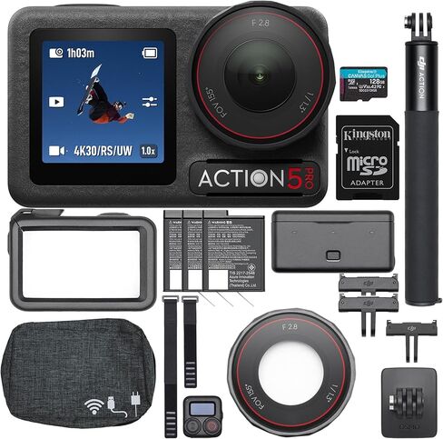 DJI Osmo Action 5 Pro Adventure Combo Deluxe Accessory Bundle with GPS GPS BLUETOOTH REMOTE ، محول سريع للإفراج ، غطاء عدسة زجاجية ، بطاقة SD 128GB وحالة السفر (6 عناصر) in Kuwait