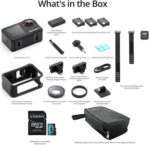 DJI Osmo Action 5 Pro Adventure Combo Deluxe Accessory Bundle with GPS GPS BLUETOOTH REMOTE ، محول سريع للإفراج ، غطاء عدسة زجاجية ، بطاقة SD 128GB وحالة السفر (6 عناصر) in Kuwait
