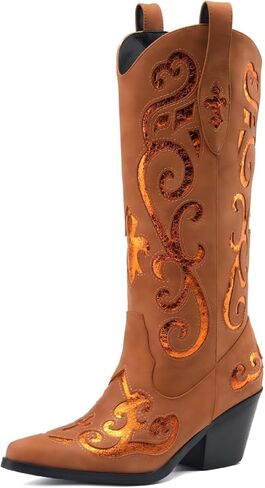 أحذية رعاة البقر في الركبة الغربية للسيدات للنساء للنساء رعاة البقر منتصف العجل الأحذية الأزهار الموجهة in Kuwait