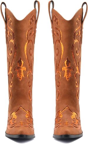 أحذية رعاة البقر في الركبة الغربية للسيدات للنساء للنساء رعاة البقر منتصف العجل الأحذية الأزهار الموجهة in Kuwait