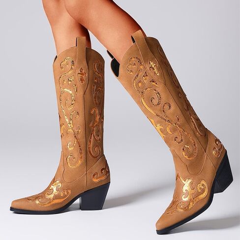 أحذية رعاة البقر في الركبة الغربية للسيدات للنساء للنساء رعاة البقر منتصف العجل الأحذية الأزهار الموجهة in Kuwait