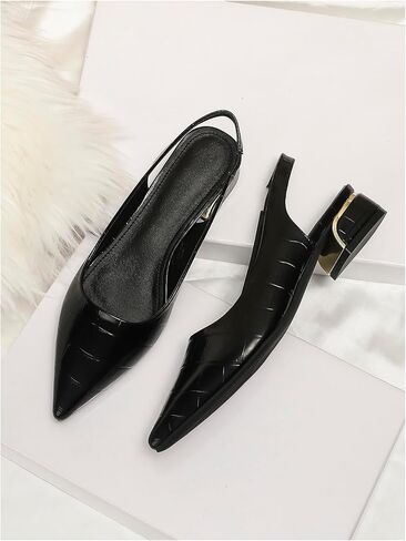 GORGLITTER Women's Black Heels Embossed Point Toe Slide Shoes Ankle Strap Pu Leather Slingback Heels in Saudi Arabia
