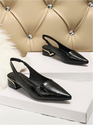 GORGLITTER Women's Black Heels Embossed Point Toe Slide Shoes Ankle Strap Pu Leather Slingback Heels in Saudi Arabia