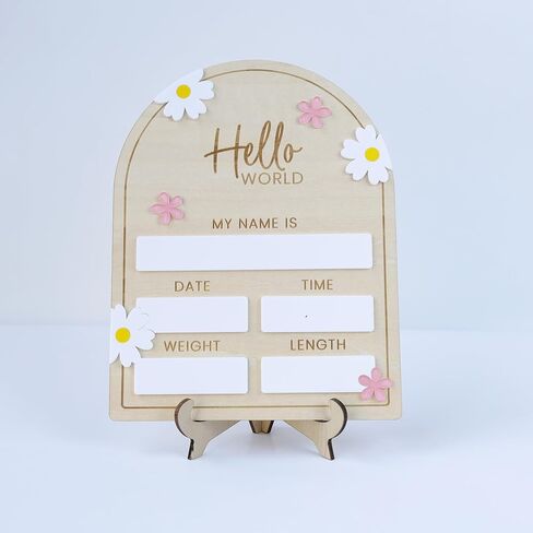 Baby Announcement Sign flower, 8 Inch Wooden Hello World Newborn Welcome Sign Birth Baby Name Plaques for Photo Props Baby Shower Hospital Nursery in Saudi Arabia