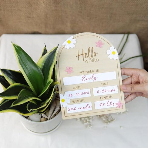 Baby Announcement Sign flower, 8 Inch Wooden Hello World Newborn Welcome Sign Birth Baby Name Plaques for Photo Props Baby Shower Hospital Nursery in Saudi Arabia