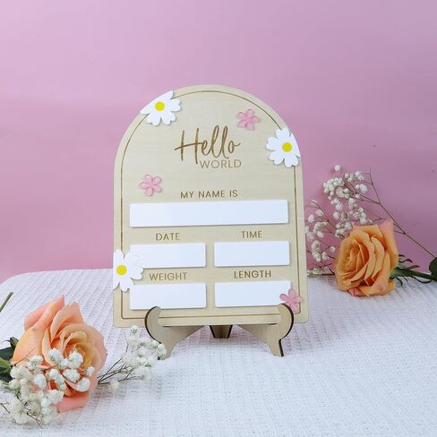 Baby Announcement Sign flower, 8 Inch Wooden Hello World Newborn Welcome Sign Birth Baby Name Plaques for Photo Props Baby Shower Hospital Nursery in Saudi Arabia