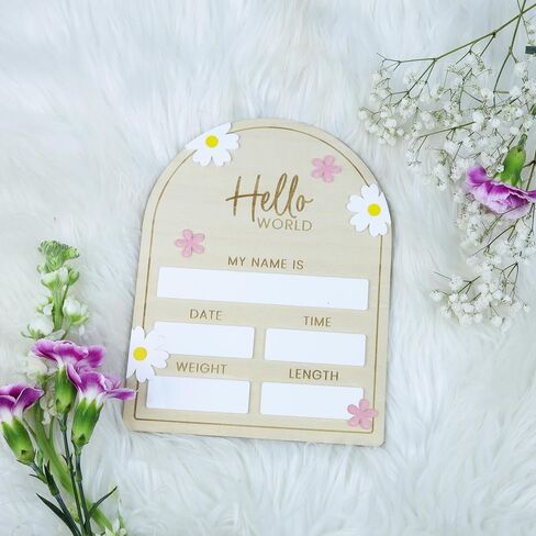 Baby Announcement Sign flower, 8 Inch Wooden Hello World Newborn Welcome Sign Birth Baby Name Plaques for Photo Props Baby Shower Hospital Nursery in Saudi Arabia
