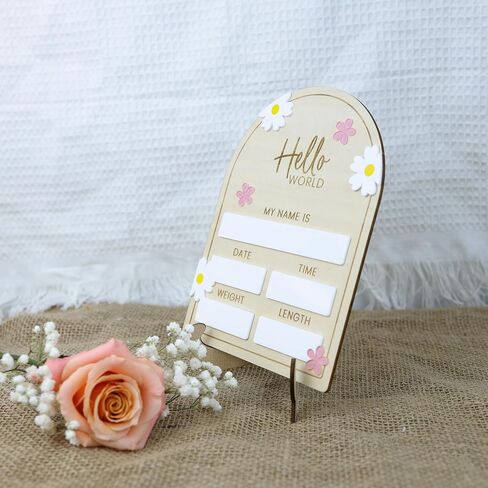 Baby Announcement Sign flower, 8 Inch Wooden Hello World Newborn Welcome Sign Birth Baby Name Plaques for Photo Props Baby Shower Hospital Nursery in Saudi Arabia