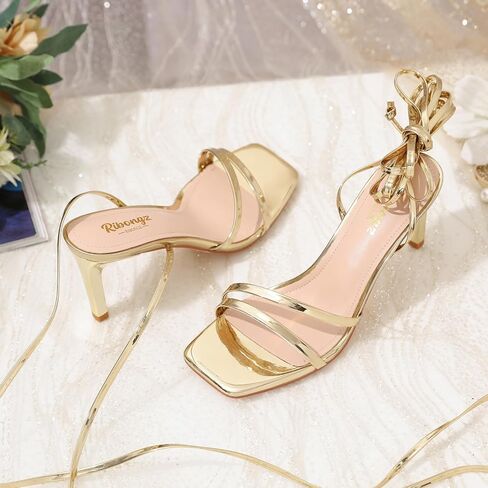 RIBONGZ Womens High Strappy Heels Square Open Toe Ankle Strap Lace Up Heels Stiletto Sexy Heels for Wedding Bridal Prom Party Dress Shoes in Saudi Arabia