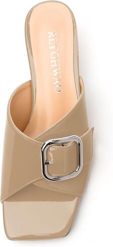Women's Sandals, Square Open Toe Kitten Low Heels Slide Sandal, Fashion Solid Patent Mules Sandals in Kuwait