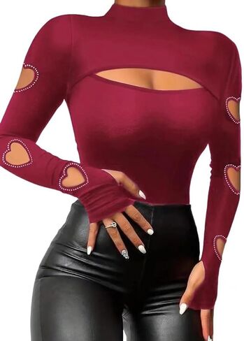 VKEGNIO Rhinestone Heart V Neck Shirts Womens Funny Heart Printed Pattern Pullover Casual Loose Long Sleeve Tunic Shirt Tops in Kuwait