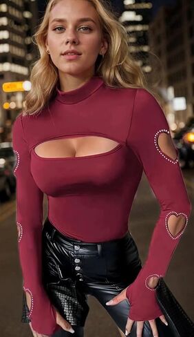 VKEGNIO Rhinestone Heart V Neck Shirts Womens Funny Heart Printed Pattern Pullover Casual Loose Long Sleeve Tunic Shirt Tops in Kuwait