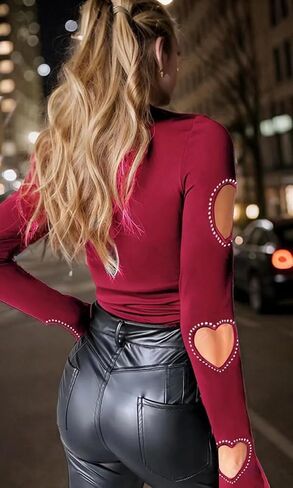 VKEGNIO Rhinestone Heart V Neck Shirts Womens Funny Heart Printed Pattern Pullover Casual Loose Long Sleeve Tunic Shirt Tops in Kuwait