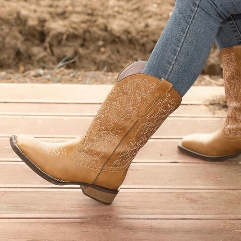 SheSole Cowboy Boots For Women Wide Square Toe Mid Calf Ladies Western Cowgirl Boots in Kuwait