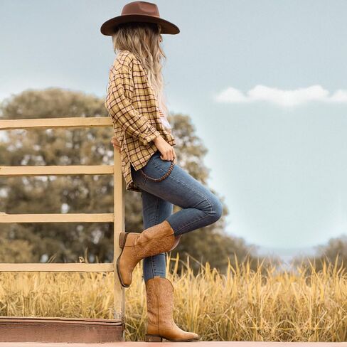 SheSole Cowboy Boots For Women Wide Square Toe Mid Calf Ladies Western Cowgirl Boots in Kuwait