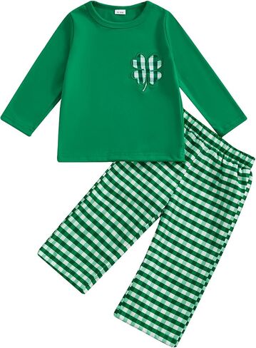St Patricks Day Baby Girl Boy Outfit Green Shamrock Long Sleeve Shirt Top Plaid Pants Set Saint Patrick's Clothes in Kuwait