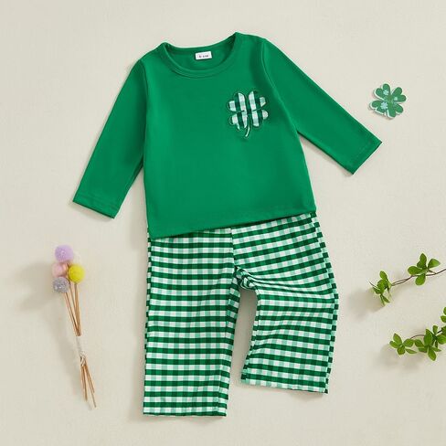 St Patricks Day Baby Girl Boy Outfit Green Shamrock Long Sleeve Shirt Top Plaid Pants Set Saint Patrick's Clothes in Kuwait