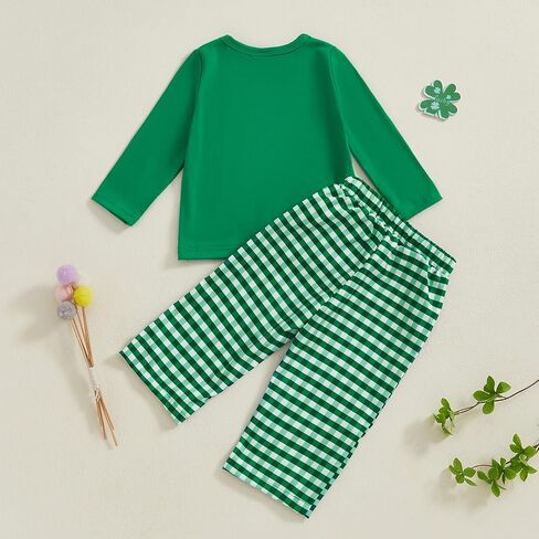 St Patricks Day Baby Girl Boy Outfit Green Shamrock Long Sleeve Shirt Top Plaid Pants Set Saint Patrick's Clothes in Kuwait