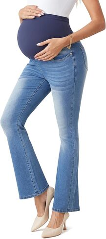 BISUAL Maternity Jeans Over The Belly Slim Stretch Flare Maternity Pants Casual Belly Bell Bottoms Maternity Work Pants in Kuwait
