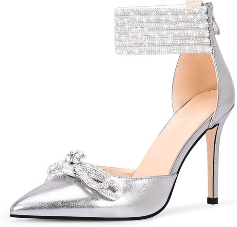 100FIXEO Women's Sexy Rhinestone Bow High Heeled Pumps Pointed Toe Ankle Strap Stiletto Heel Wedding Dress Shoes in Saudi Arabia