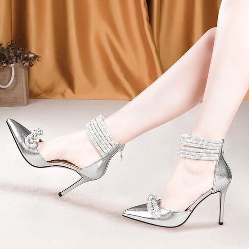 100FIXEO Women's Sexy Rhinestone Bow High Heeled Pumps Pointed Toe Ankle Strap Stiletto Heel Wedding Dress Shoes in Saudi Arabia