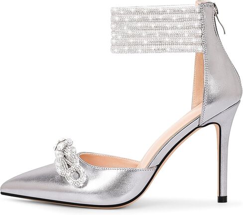100FIXEO Women's Sexy Rhinestone Bow High Heeled Pumps Pointed Toe Ankle Strap Stiletto Heel Wedding Dress Shoes in Saudi Arabia