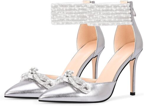 100FIXEO Women's Sexy Rhinestone Bow High Heeled Pumps Pointed Toe Ankle Strap Stiletto Heel Wedding Dress Shoes in Saudi Arabia
