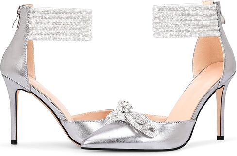 100FIXEO Women's Sexy Rhinestone Bow High Heeled Pumps Pointed Toe Ankle Strap Stiletto Heel Wedding Dress Shoes in Saudi Arabia