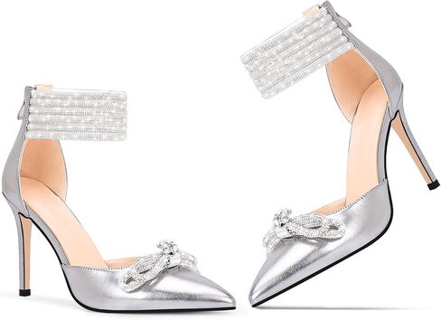100FIXEO Women's Sexy Rhinestone Bow High Heeled Pumps Pointed Toe Ankle Strap Stiletto Heel Wedding Dress Shoes in Saudi Arabia