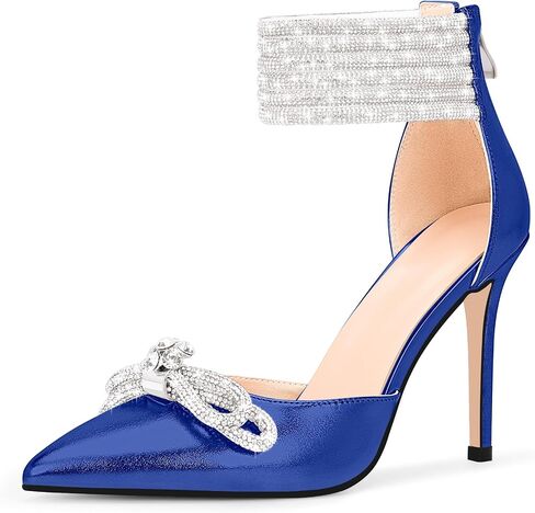 100FIXEO Women's Sexy Rhinestone Bow High Heeled Pumps Pointed Toe Ankle Strap Stiletto Heel Wedding Dress Shoes in Saudi Arabia